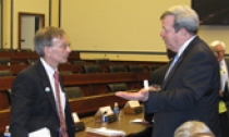 Fellow witness Mike Shapiro (left), the EPA’s Acting Assistant Administrator, Office of Water, discusses the hearing with Dr. Robert Traver.