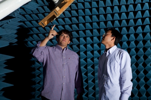 Christopher Thajudeen, left, in the Center for Advanced Communications’ Antenna Research Lab.