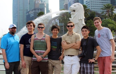 Members of Team WORX in Singapore: Garrett Clayton, associate professor of Mechanical Engineering; graduate student Anderson Lebbad ’12 ME; Dylan DeGaetano ’16 ME; Ed Zhu ’16 ME; graduate student J. Wes Anderson ’13 ME; Gin Cheng ’15 CpE; and Mike Benson ’15 ME.
