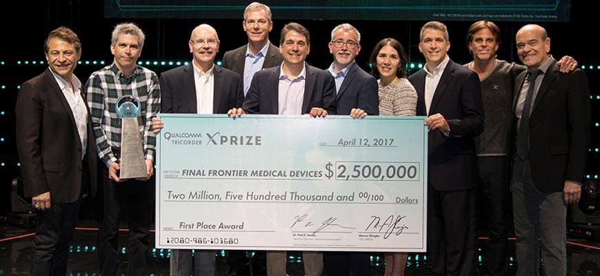 Electrical and Computer Engineering Adjunct Professor Edward Hepler, PhD, (third from left), was part of the Qualcomm Tricorder XPRIZE winning team.