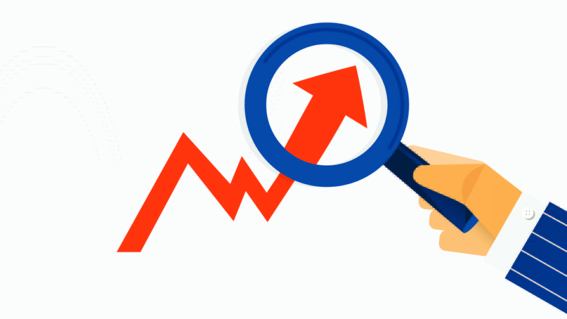 Colorful clipart of hand holding a magnifying glass over a upward zig-zagging arrow 