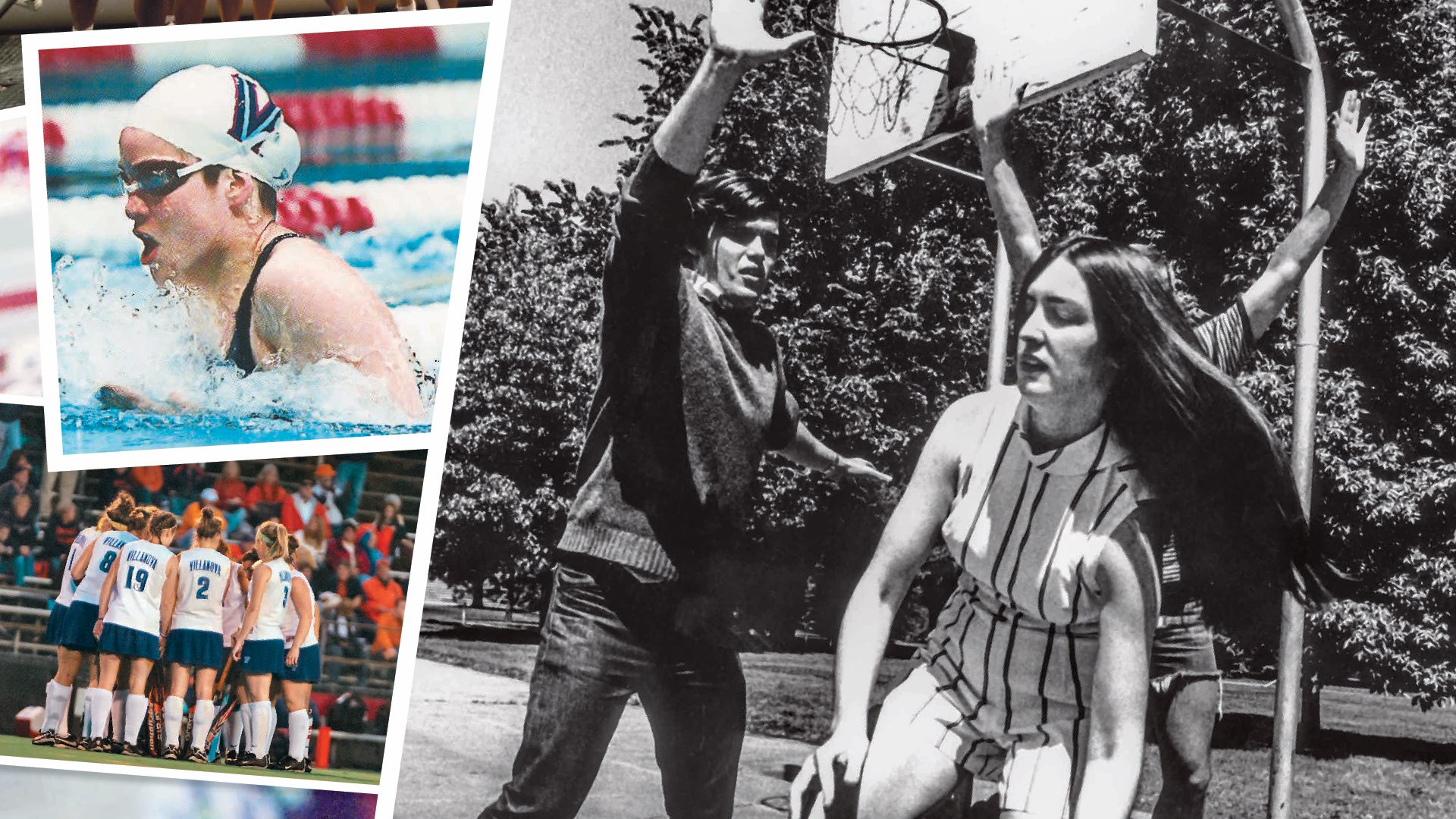 Marie Maguire ’69 COE, in the 1960s, plays against a male student on an outdoor basketball court in a retro short jumpsuit