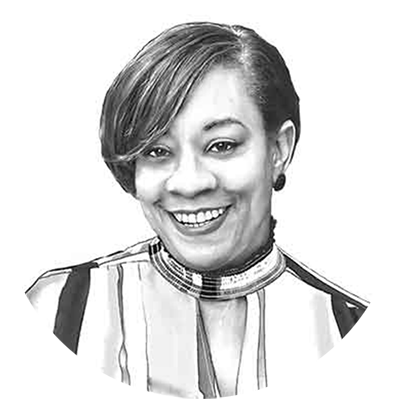 Black-and-white pencil illustration of Ericka Plater