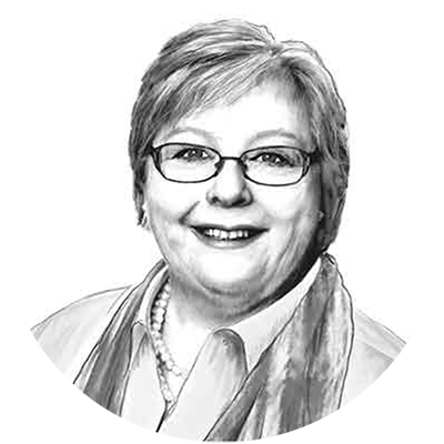 Black-and-white pencil illustration of Sandra Gomberg