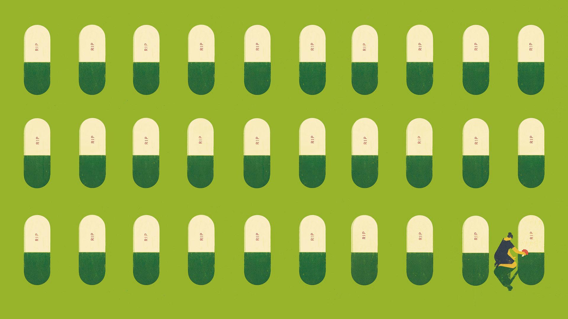 Photo illustration of a row of capsules resembling tombstones with RIP written on them and a woman placing flowers on one