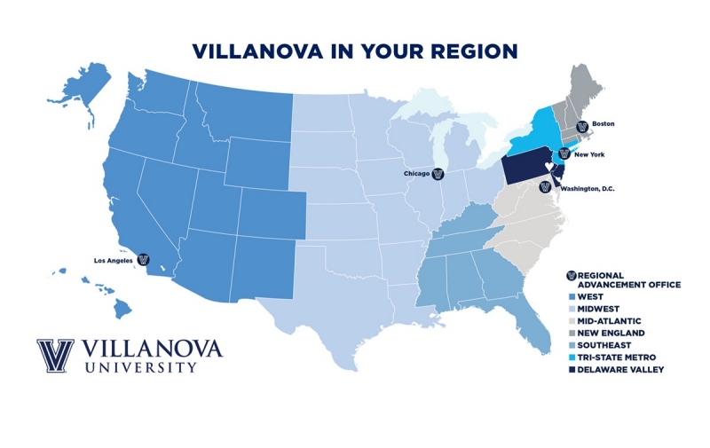 Map showing the Regional Development regions for Villanova University Advancement, which are: New York (New York State, northern New Jersey and southern Connecticut), New England (Maine, New Hampshire, Vermont, Massachusetts, Rhode Island and northern Connecticut), the tri-state area of Pennsylvania, southern New Jersey and Delaware, Mid-Atlantic (Maryland, Washington, D.C., West Virginia, North Carolina, South Carolina), Southeast (Kentucky, Tennessee, Mississippi, Alabama, Georgia, Florida), Midwest (North Dakota, South Dakota, Nebraska, Kansas, Oklahoma, Texas, Minnesota, Iowa, Missouri, Arkansas, Louisiana, Wisconsin, Illinois, Indiana, Ohio and Michian) and West (Hawaii, Alaska, Washington, Oregon, California, Idaho, Nevada, Montana, Wyoming, Colorado, Utah, Arizona and New Mexico). Map also includes Villanova University Advancement's Regional Development Offices, which include Boston, New York, Washington, D.C., Chicago and Los Angeles.