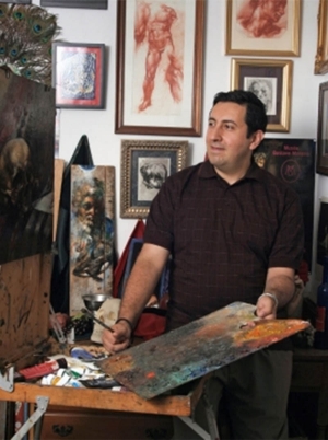 no-day-without-line An image of Niko Chocheli standing next to his work