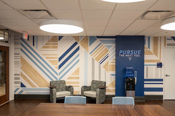 Branded wall art in a building's interior