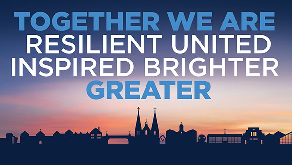 Villanova Desktop Background Villanova desktop background with an illustration of sunset over campus and the words Together We Are Resilient United Inspired Brighter Greater