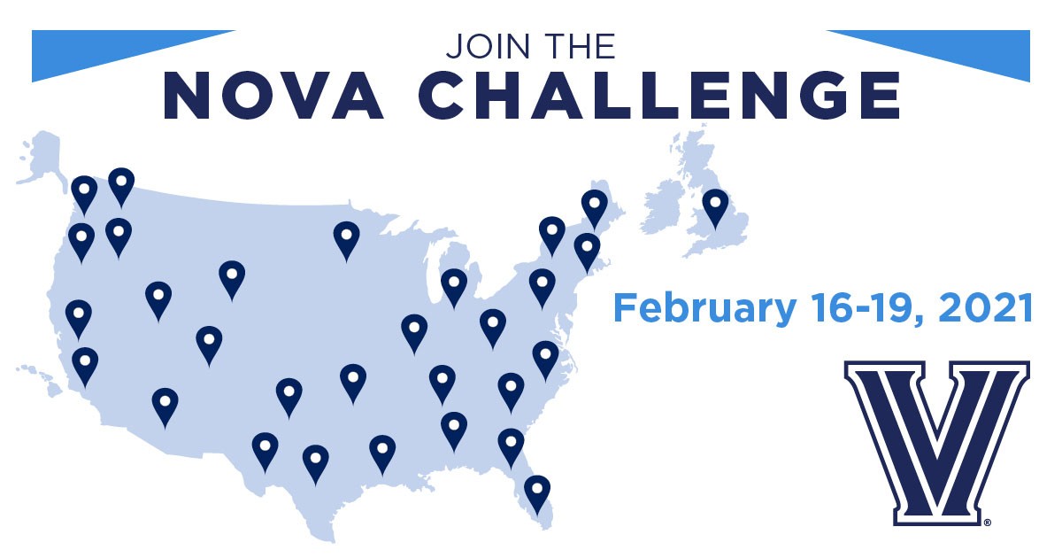 Blue and white graphic of the United States with the Nova Challenge pins on certain states