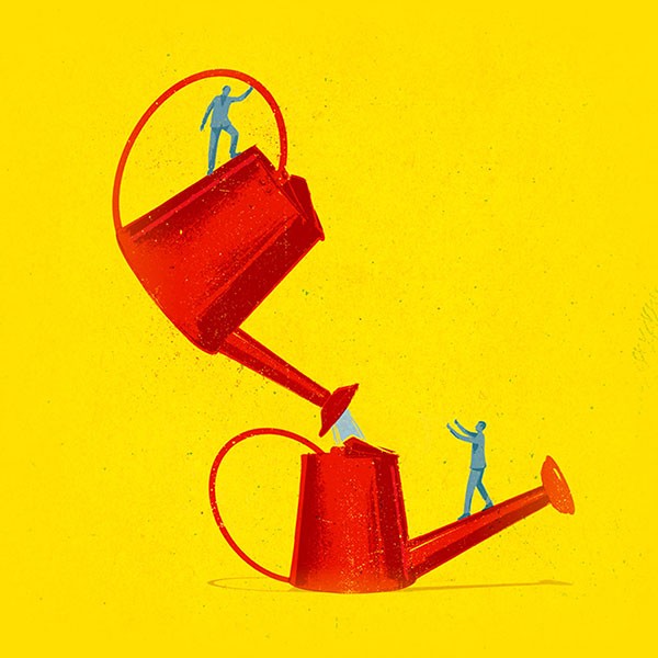 All Can Be of Service A yellow graphic showing a watering can providing water to another watering can