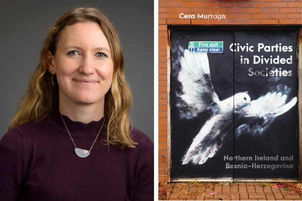 Cera Murtagh, PhD, and book cover of "Civic Parties in Divided Societies"