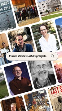 Photo collage of CLAS faculty, guest speakers, faculty-authored books, and events.