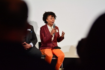 Villanova Theatre alumna Marissa Kennedy ’18 MA discusses her new play. Image courtesy of the Museum of the American Revolution. image of woman on stage with microphone