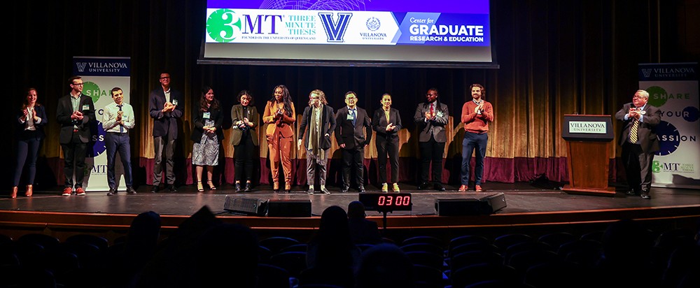 Contestants on stage at the 2023 Villanova 3MT Competition Contestants on stage at the 2023 Villanova 3MT Competition