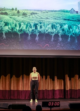 Villanova University graduate Chemistry student Eliana Uriona took First Place and the People’s Choice award in the University's Three Minute Thesis (3MT) Competition on February 28 in the Mullen Center for the Performing Arts Villanova University graduate Chemistry student Eliana Uriona took First Place and the People’s Choice award in the University's Three Minute Thesis (3MT) Competition on February 28 in the Mullen Center for the Performing Arts