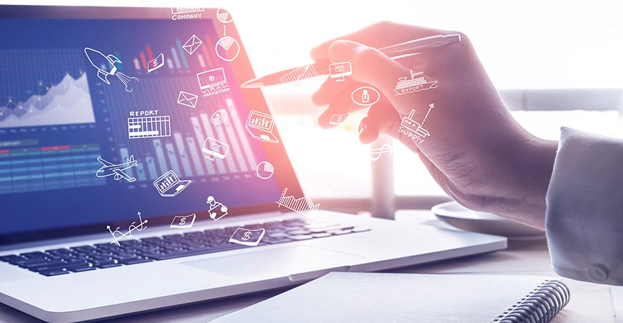 laptop with data charts on screen overlayed with statistical and data science icons laptop with data charts on screen overlayed with statistical and data science icons