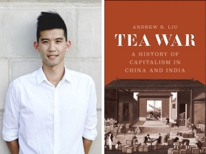 TeaWar image of Andrew Liu next to the cover of his book