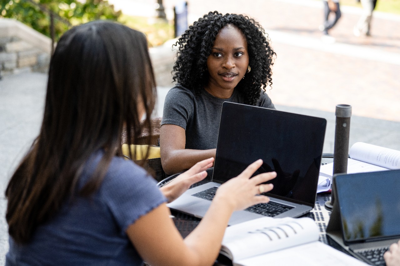 Female students talking outside