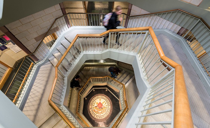 An aerial view of the seal and spiral staircase in the St. Augustine Center. An aerial view of the seal and spiral staircase in the St. Augustine Center.