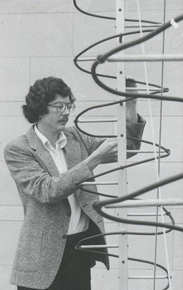 Dr. Maloney inspects radio astronomy equipment on the roof of Villanova's Mendel Hall in 1977. Dr. Maloney inspects radio astronomy equipment on the roof of Villanova's Mendel Hall in 1977.