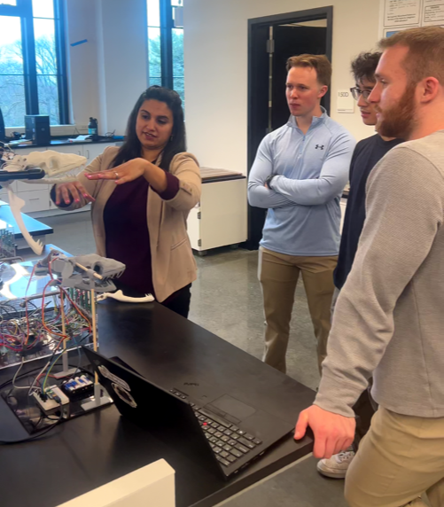 Deeksha Seth, PhD, demonstrates educational robots for her Villanova engineering students. Deeksha Seth, PhD, demonstrates educational robots for her Villanova engineering students.
