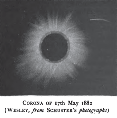 The August 2026 eclipse will be the ninth of 10 total eclipses in Saros 126. The first of those total eclipses was in 1882, and yielded an unexpected discovery a comet passing near the sun. Image of the eclipse of 1882, featuring a small comet visible near the corona