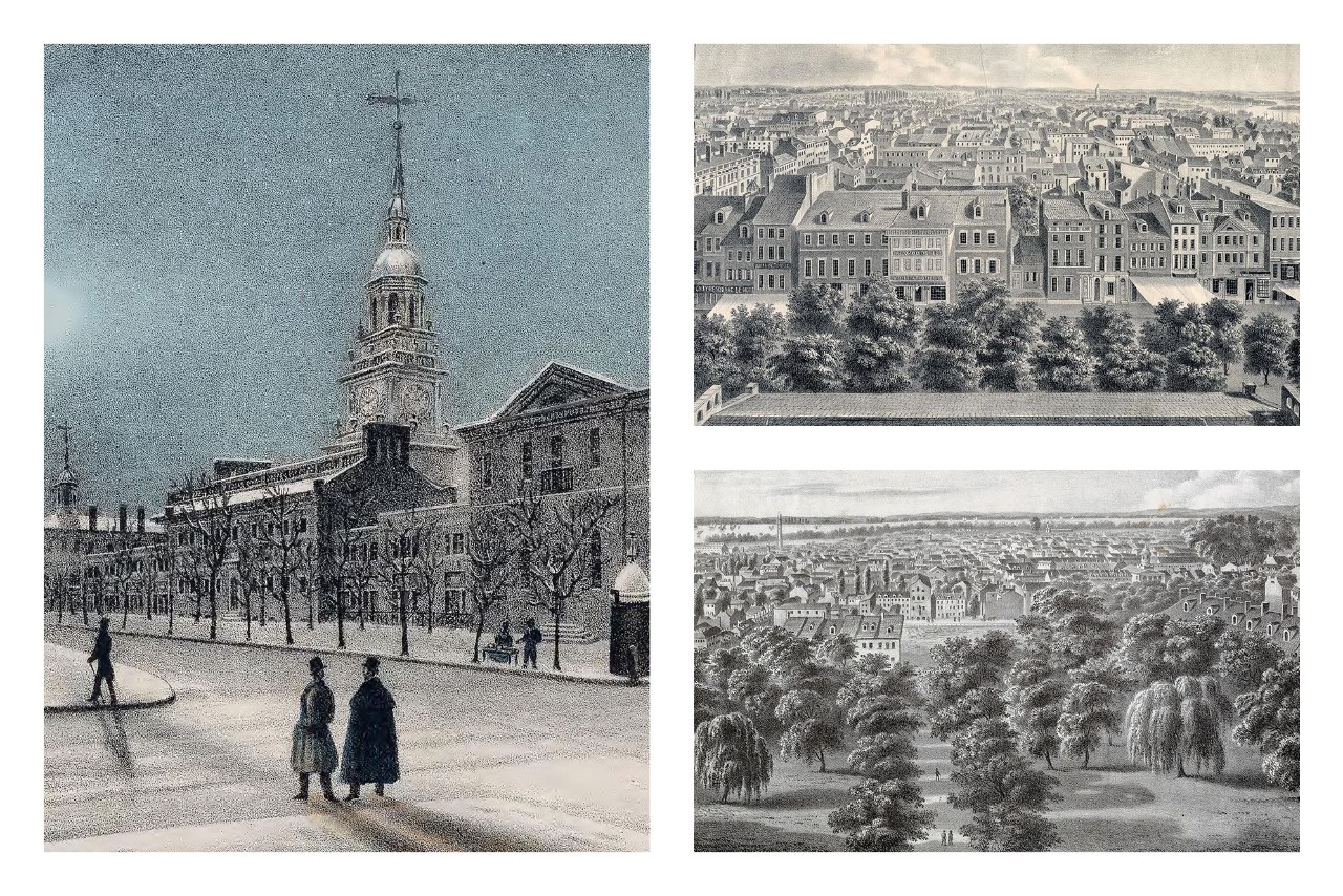Left: A lithographic print of the Old State House (Independence Hall) by John C. Wild (1838, reissued by John T. Bowen in 1848). Top Right and Bottom Right: Companion 1838 prints showing panoramic views of Philadelphia from the Old State House’s steeple, looking north and south, respectively. (Images courtesy of the U.S. Library of Congress) Left: A lithographic print of the Old State House (Independence Hall) by John C. Wild (1838, reissued by John T. Bowen in 1848). Top Right and Bottom Right: Companion 1838 prints showing panoramic views of Philadelphia from the Old State House’s steeple, looking north and south, respectively. (Images courtesy of the U.S. Library of Congress)