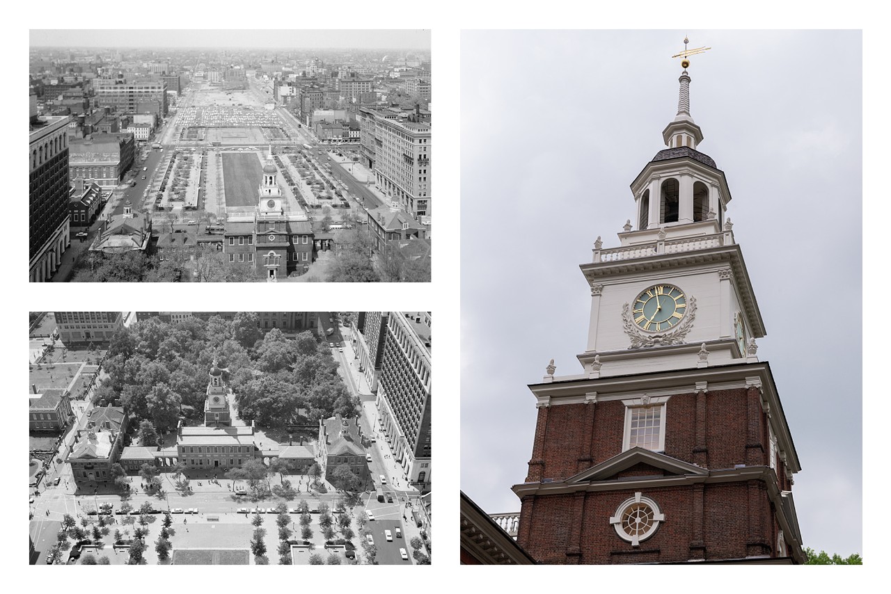 Top Left and Bottom Left: Historic American Building Survey photographs of Independence Hall—looking north and south, respectively—following the creation of Independence Mall. Right: A photograph of Independence Hall’s steeple by Carol M. Highsmith (2013). (Images courtesy of the U.S. Library of Congress) Top Left and Bottom Left: Historic American Building Survey photographs of Independence Hall—looking north and south, respectively—following the creation of Independence Mall. Right: A photograph of Independence Hall’s steeple by Carol M. Highsmith (2013). (Images courtesy of the U.S. Library of Congress)