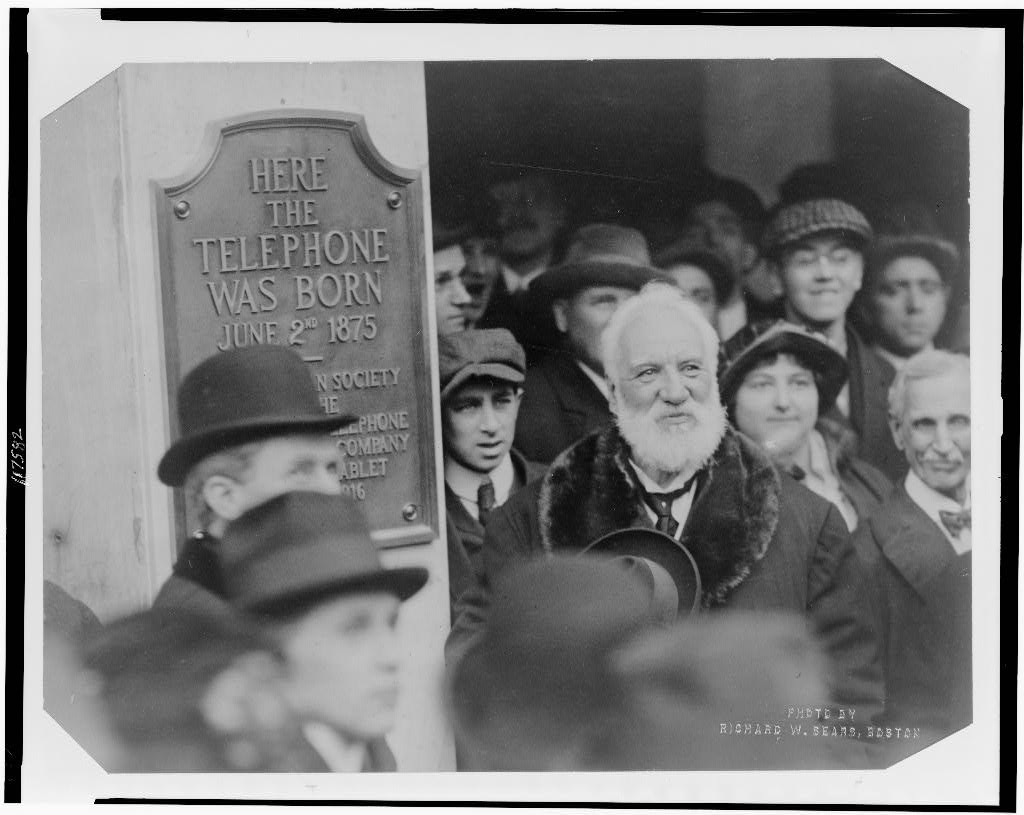 Alexander Graham Bell at the unveiling of a plaque commemorating the invention of the telephone in Boston, Massachusetts.