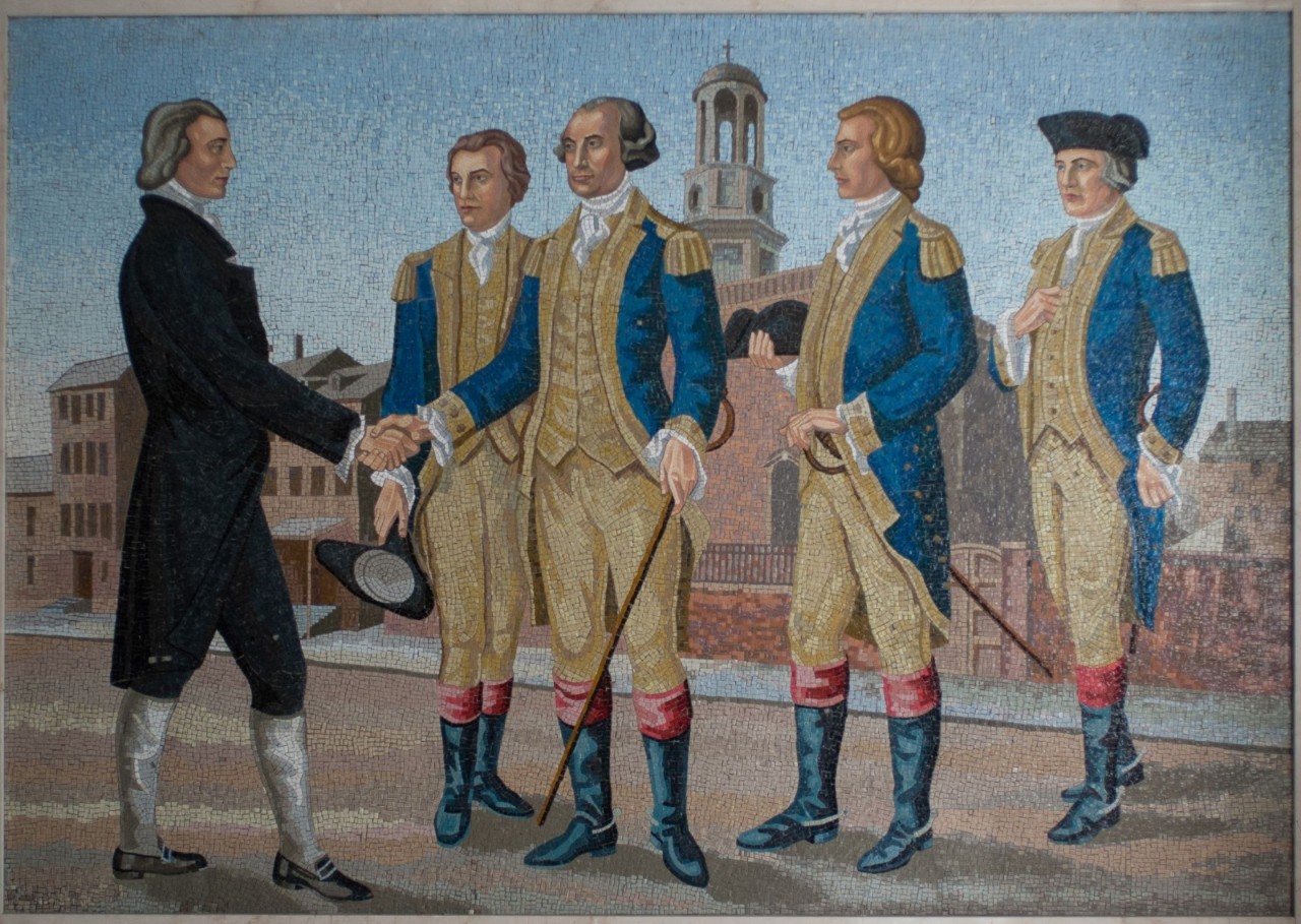This mosaic in St. Mary's Hall—one of four in the entryway comprising the piece “Missioners of the Order in the New World”—depicts George Washington and other prominent figures donating funds for the first Augustinian church in America. 