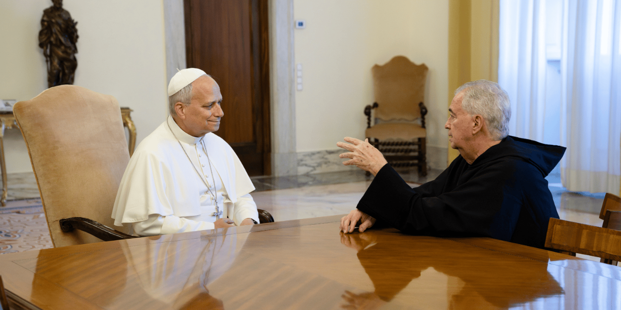 Pope Leo XIV with University President the Rev. Peter M. Donohue, OSA, PhD, on Sept. 14 at the Vatican. Pope Leo XIV with University President the Rev. Peter M. Donohue, OSA, PhD, on Sept. 14 at the Vatican.