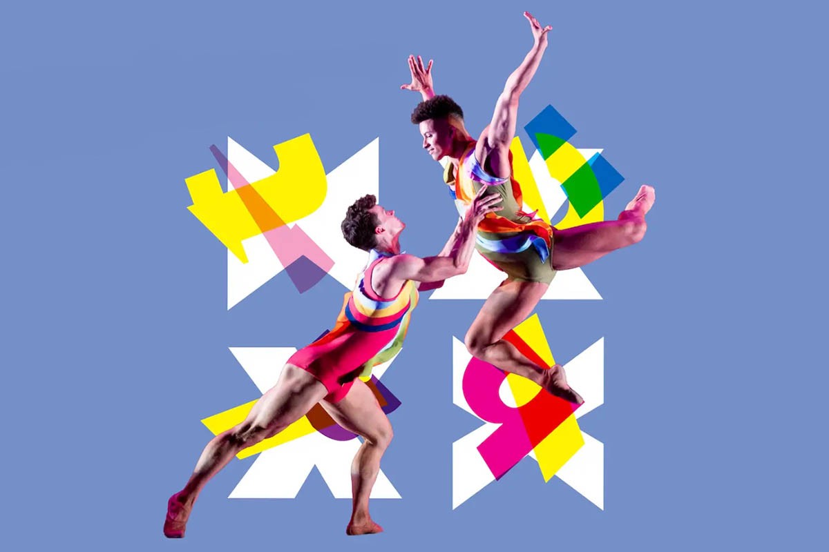 ballet-x Two male ballet dancers performing with colored blocks behind them