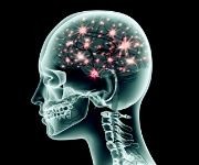 Stylized visual of an x-ray of a skull with bursts of light in the brain.