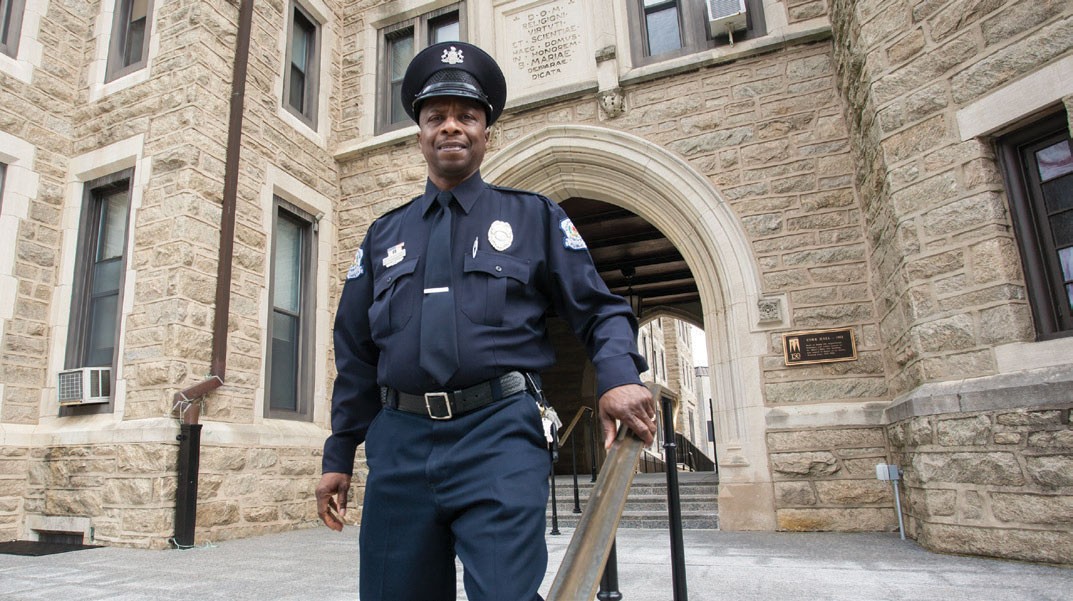 Public Safety Officer on Campus A public safety officer in uniform