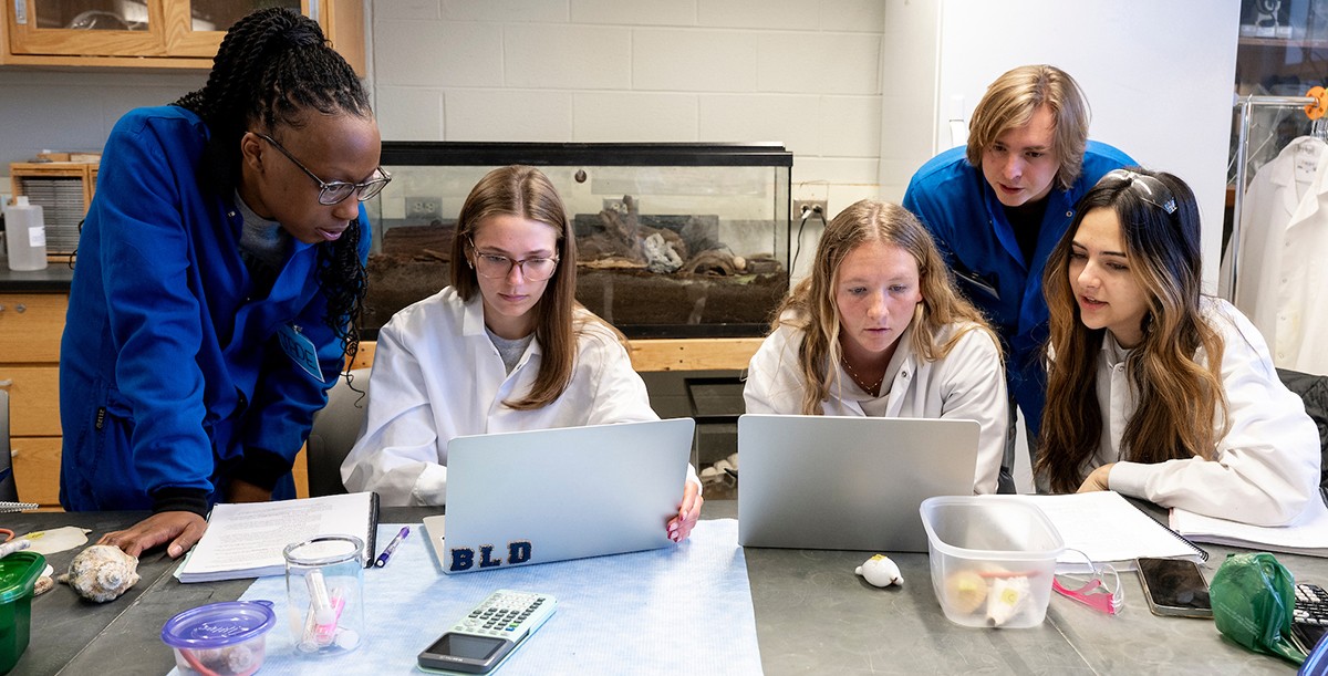 Students working in a biology lab with laptops Students working in a biology lab with laptops