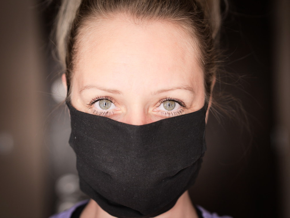 woman wearing black homemade covid19 mask