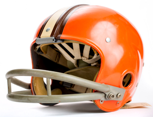 DIG14256-088 Single brown and orange Cleveland Browns football helmet sits on white background