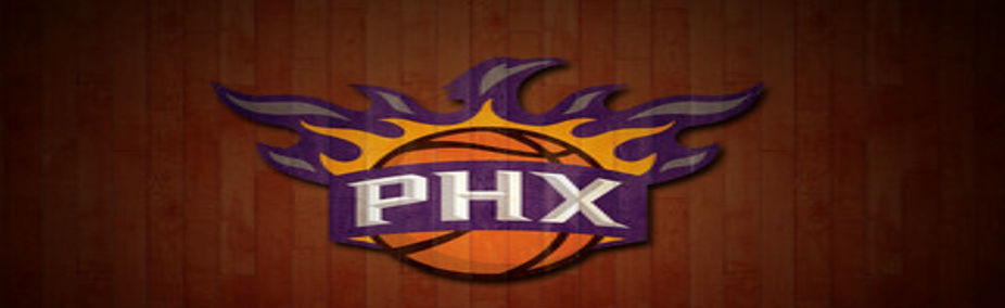 orange and purple logo of phoenix suns basketball team shown displayed on wooden court