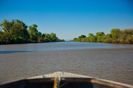 bow of boat low in the water facing a river with brown water and trees on each side