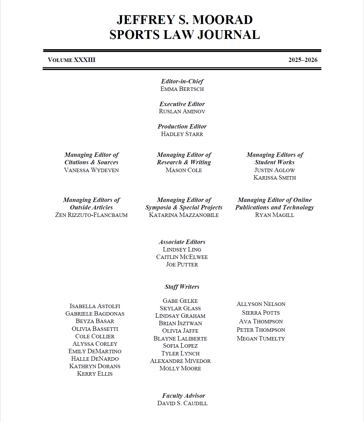 Moorad Sports Law Journal - Volume 33 Masthead Moorad Sports Law Journal - Volume 33 Masthead