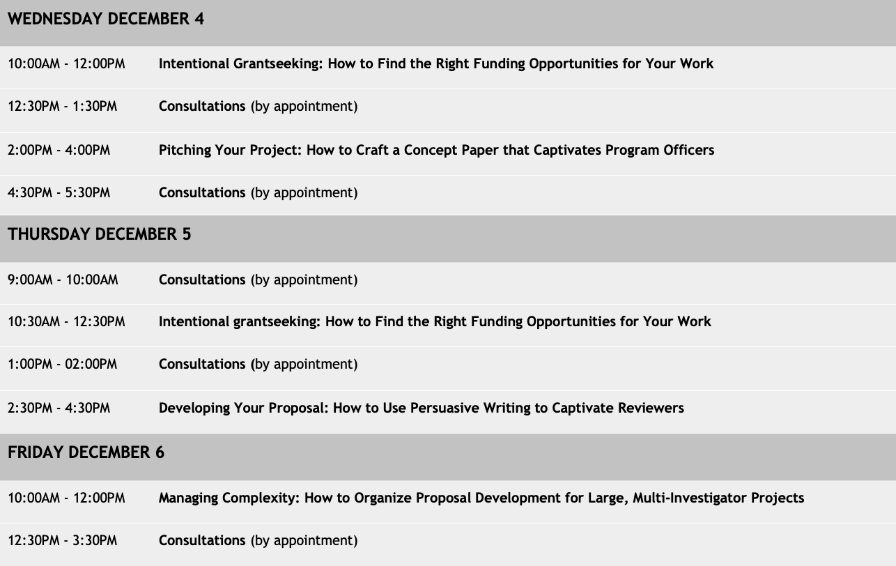 Effective Grantsmanship Schedule Overview Image of program schedule, including workshops and consultation blocks