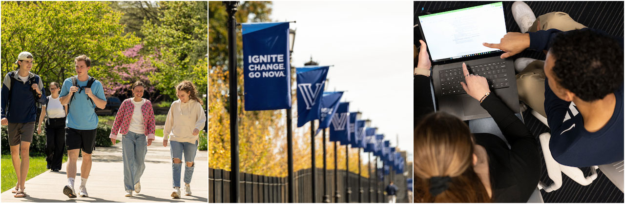 Collage of students walking, campus flags and students working on laptop