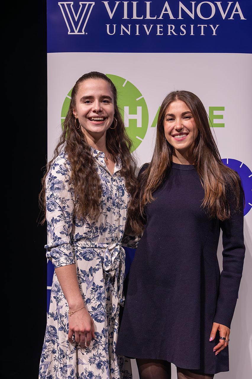 Nika Kirillova (left) took first place at the 2025 Villanova 3MT Competition, and Valerie Lallo took second place and won the People's Choice award.