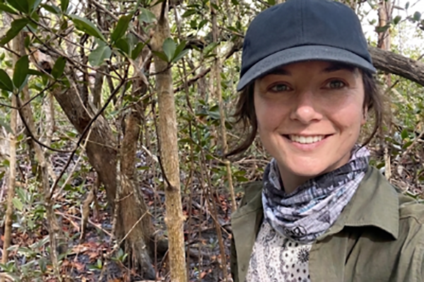 scientist performing field research in a forest