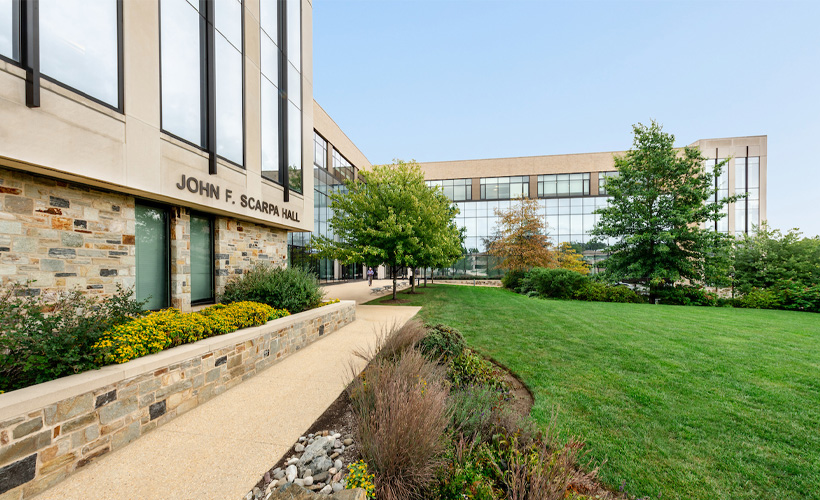 image of Villanova Law building with John F. Scarpa Hall sign