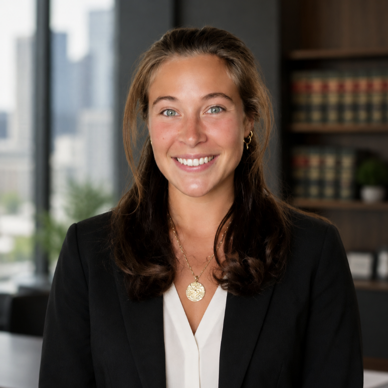  Headshot of a woman in a black blazer against a background featuring bookshelves and windows