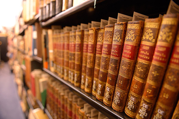 Books on a shelf in the library
