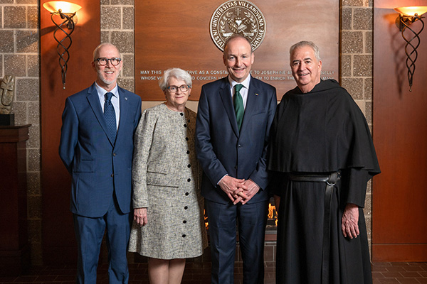 Joseph Lennon, PhD, Adele Lindenmeyr, PhD, William and Julia Moulden Dean of the College of Liberal Arts and Sciences, Irish Prime Minister Micheál Martin, and The Rev. Peter M. Donohue, OSA, PhD