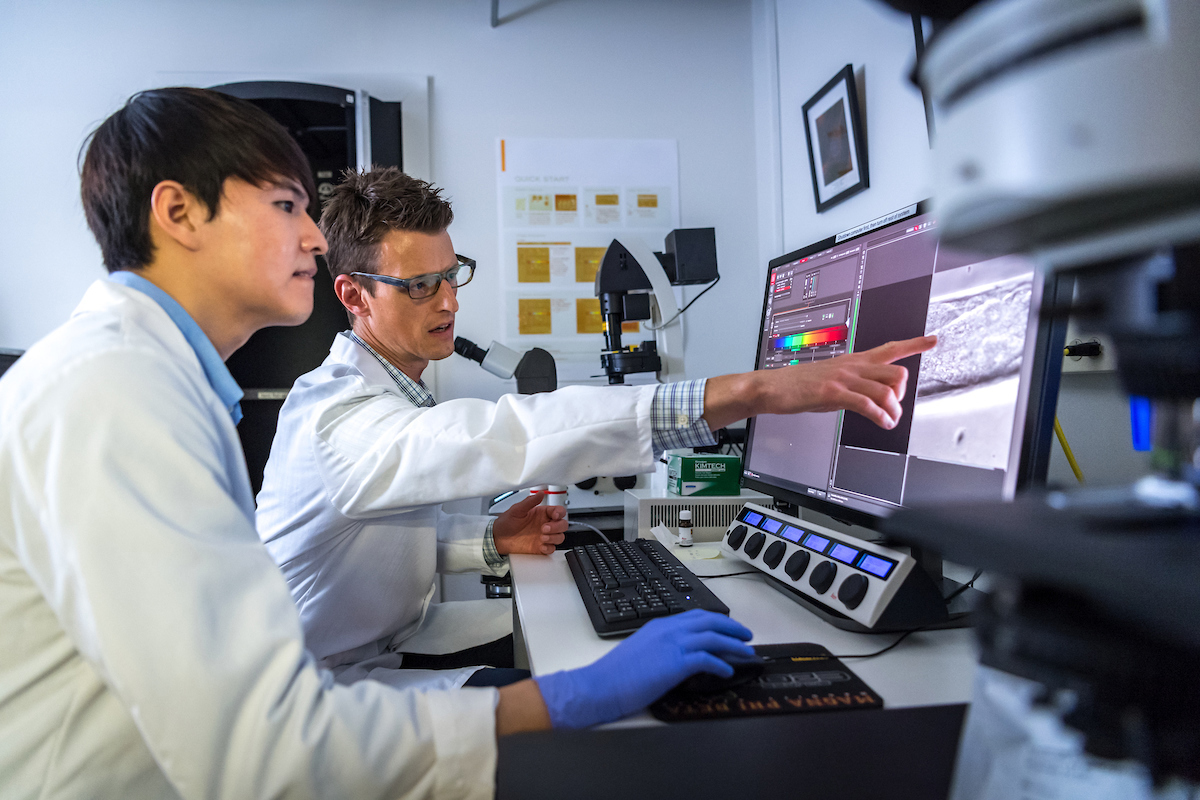 Biology graduate student and faculty using advanced imaging technology